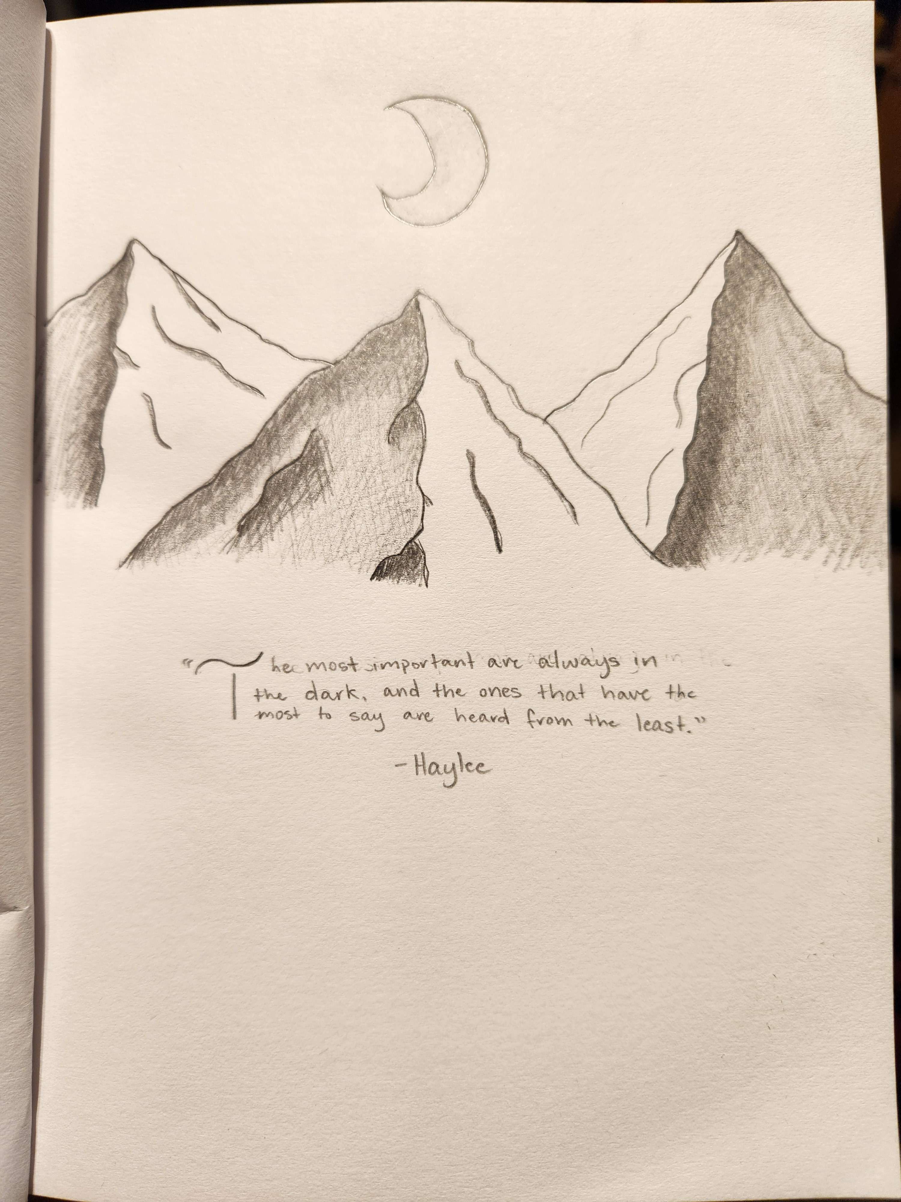 Drawing of a mountain with a quote below