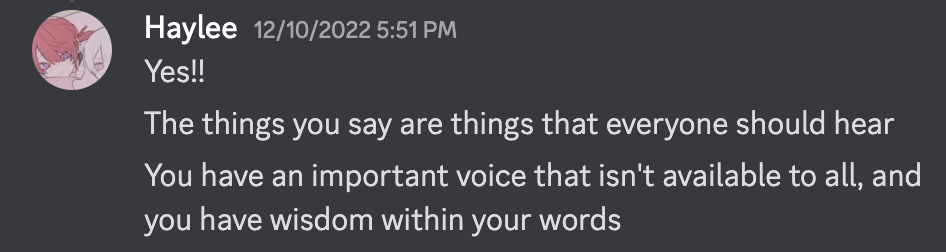 Discord screenshot of kindhearted words